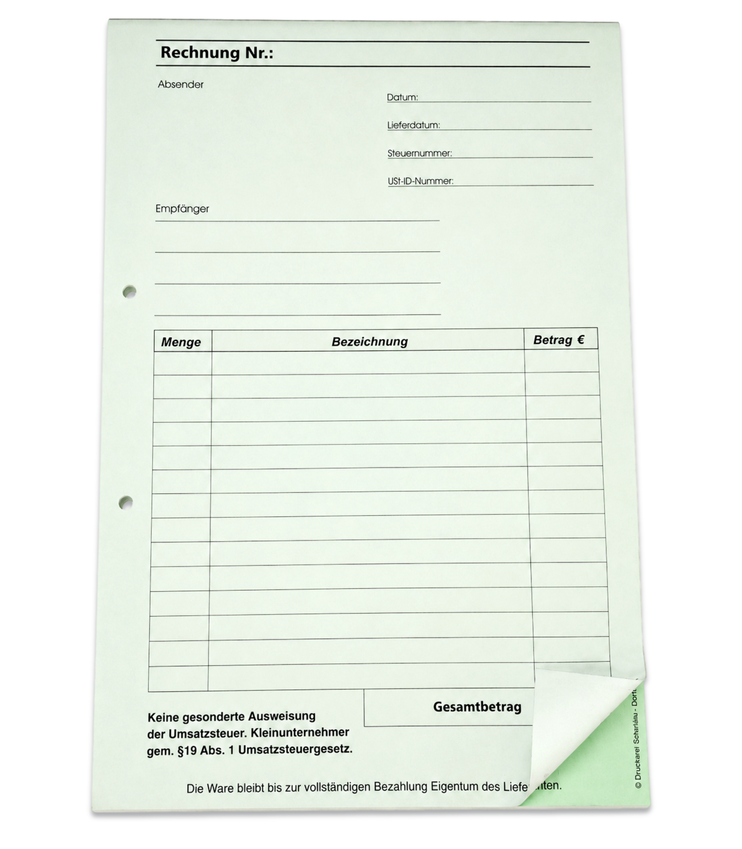 Block Rechnung Kleinunternehmer §19 DIN A4, 2-fach selbstdurchschreibe – Office Formulare Scharlau