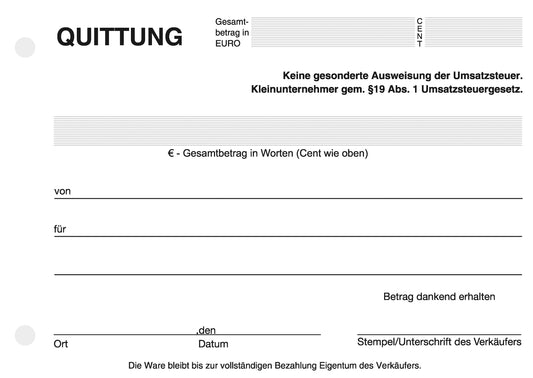 Quittungsblocks für Kleinunternehmer gemäß §19