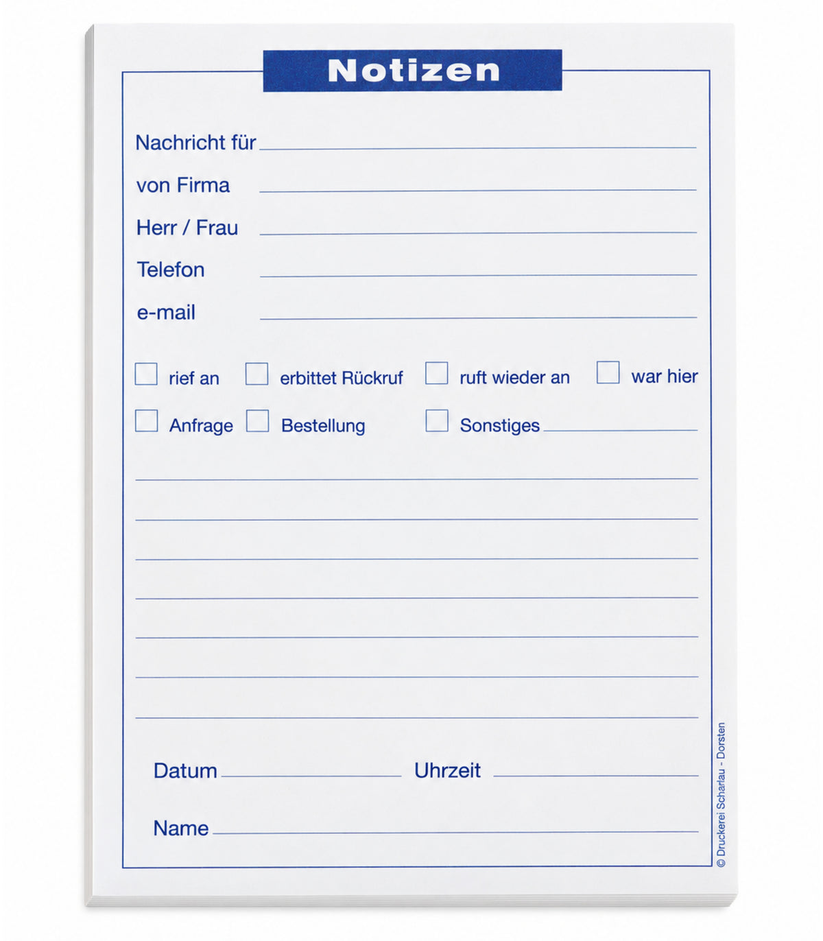 Notizblocks Telefonnotiz in Blau - Notizen - 50 Blatt, DIN A5, Qualitäts-Offset-Papier 80g/m² (22201)