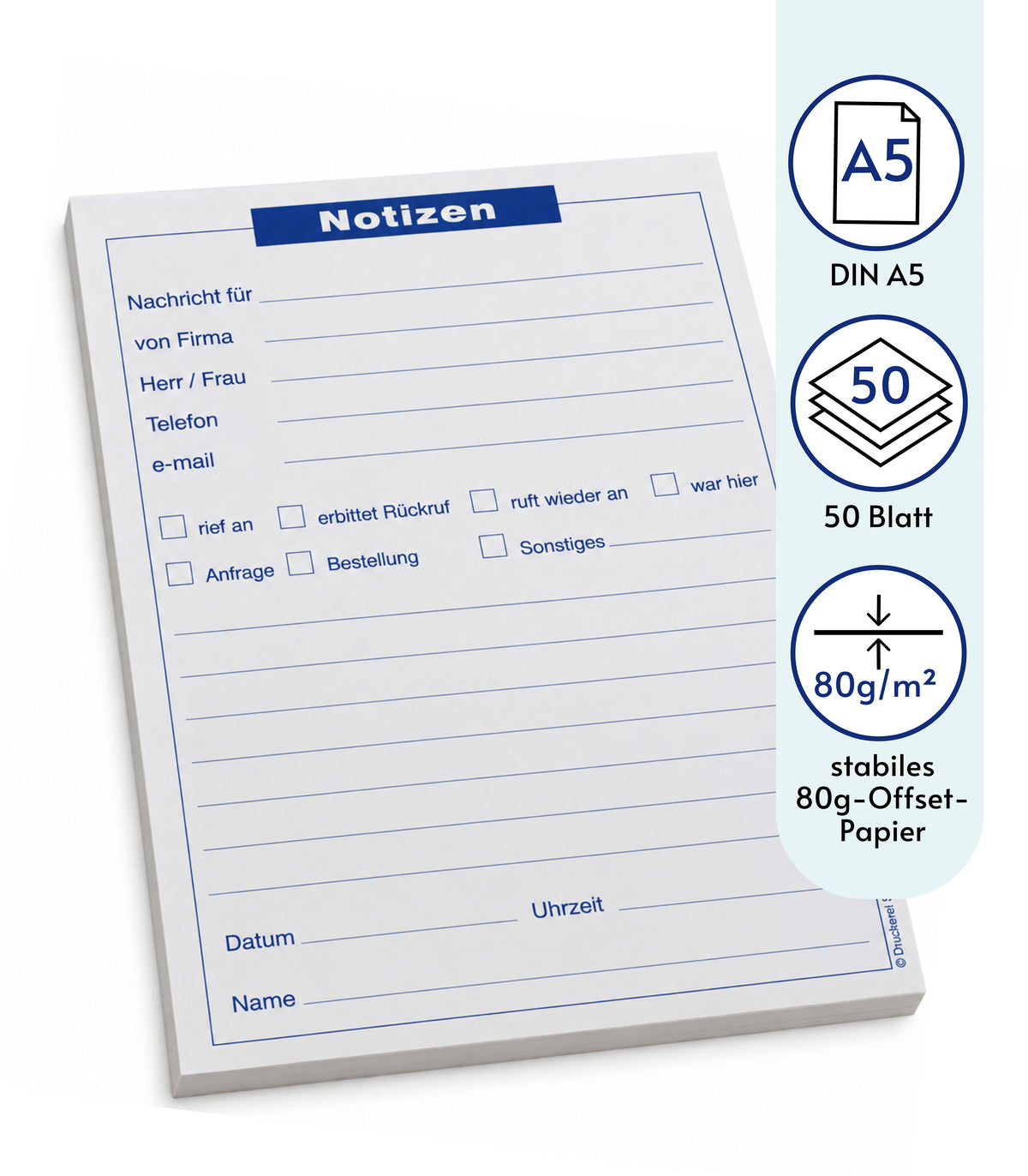 Notizblocks Telefonnotiz in Blau - Notizen - 50 Blatt, DIN A5, Qualitäts-Offset-Papier 80g/m² (22201)