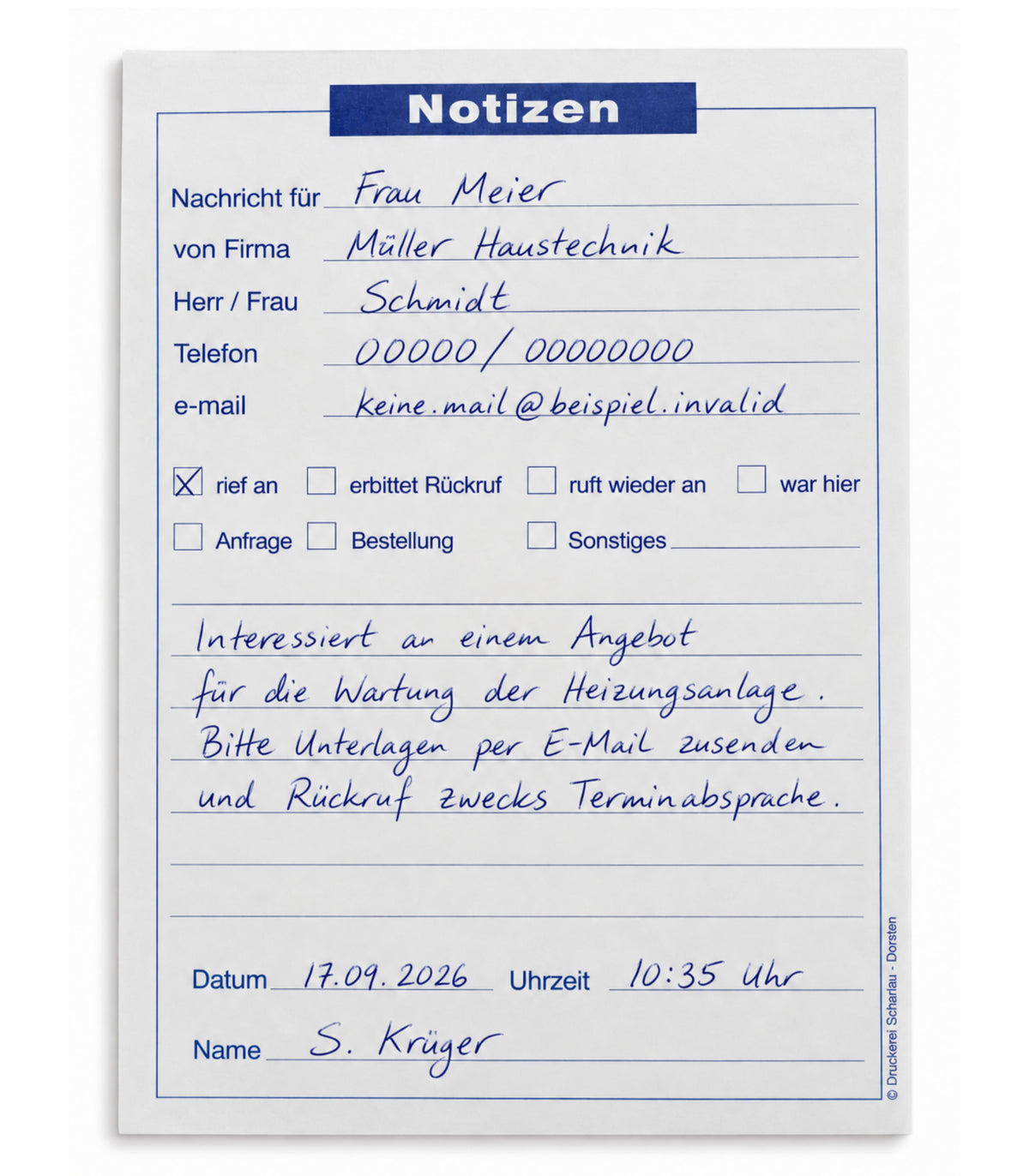 Notizblocks Telefonnotiz in Blau - Notizen - 50 Blatt, DIN A5, Qualitäts-Offset-Papier 80g/m² (22201)