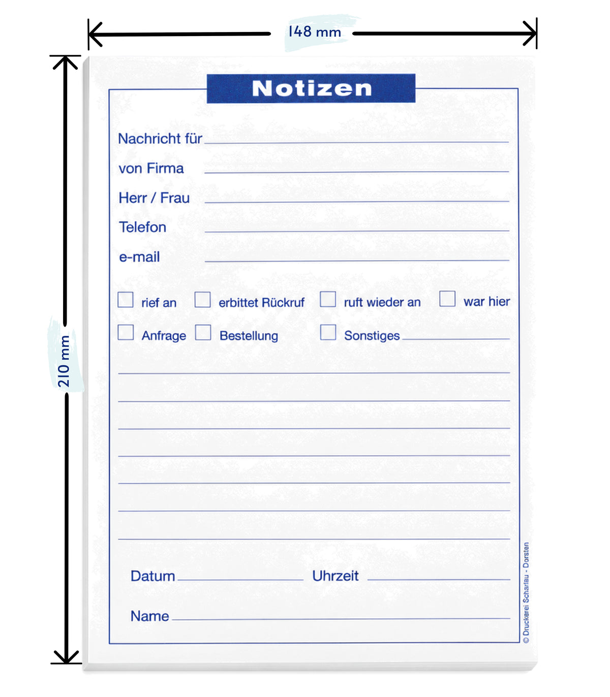 Notizblocks Telefonnotiz in Blau - Notizen - 50 Blatt, DIN A5, Qualitäts-Offset-Papier 80g/m² (22201)