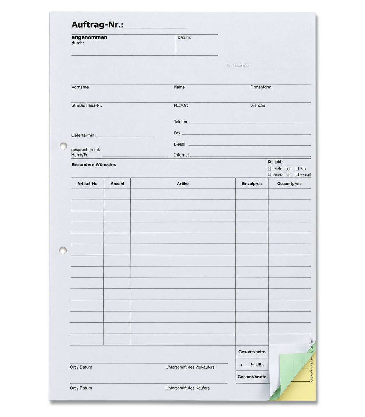Auftragsblock Block Auftrag DIN A4, 3-fach selbstdurchschreibend, 3x30 Blatt weiß/grün/gelb - gelocht (22203)