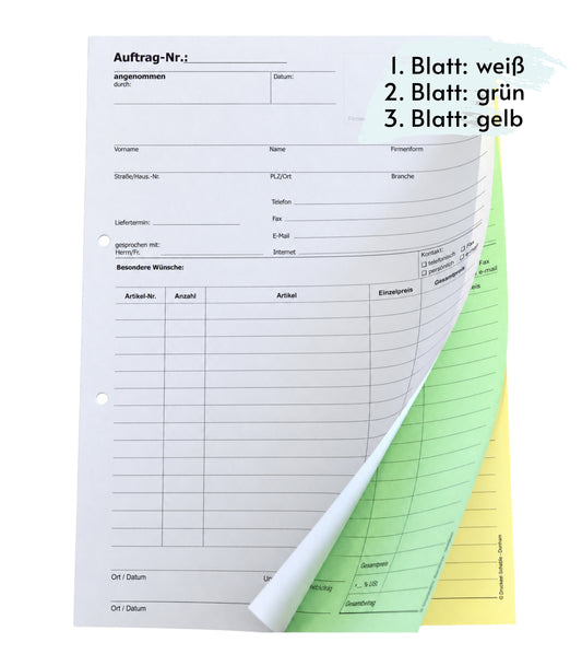 Auftragsblock Block Auftrag DIN A4, 3-fach selbstdurchschreibend, 3x30 Blatt weiß/grün/gelb - gelocht (22203)