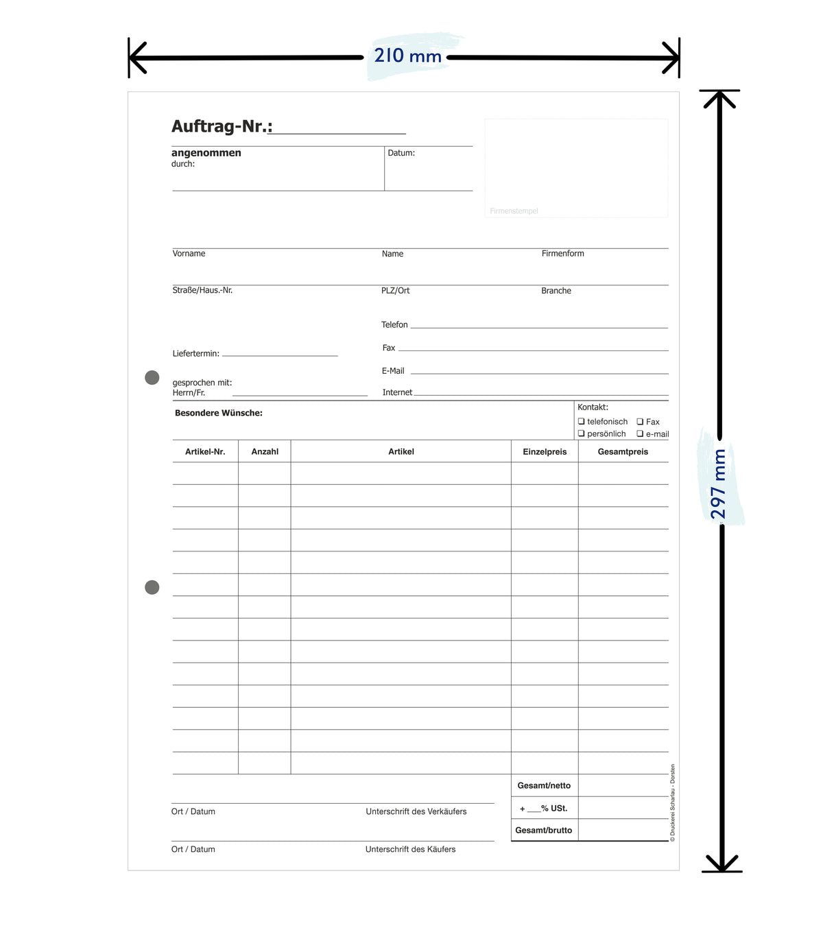 Auftragsblock Block Auftrag DIN A4, 3-fach selbstdurchschreibend, 3x30 Blatt weiß/grün/gelb - gelocht (22203)