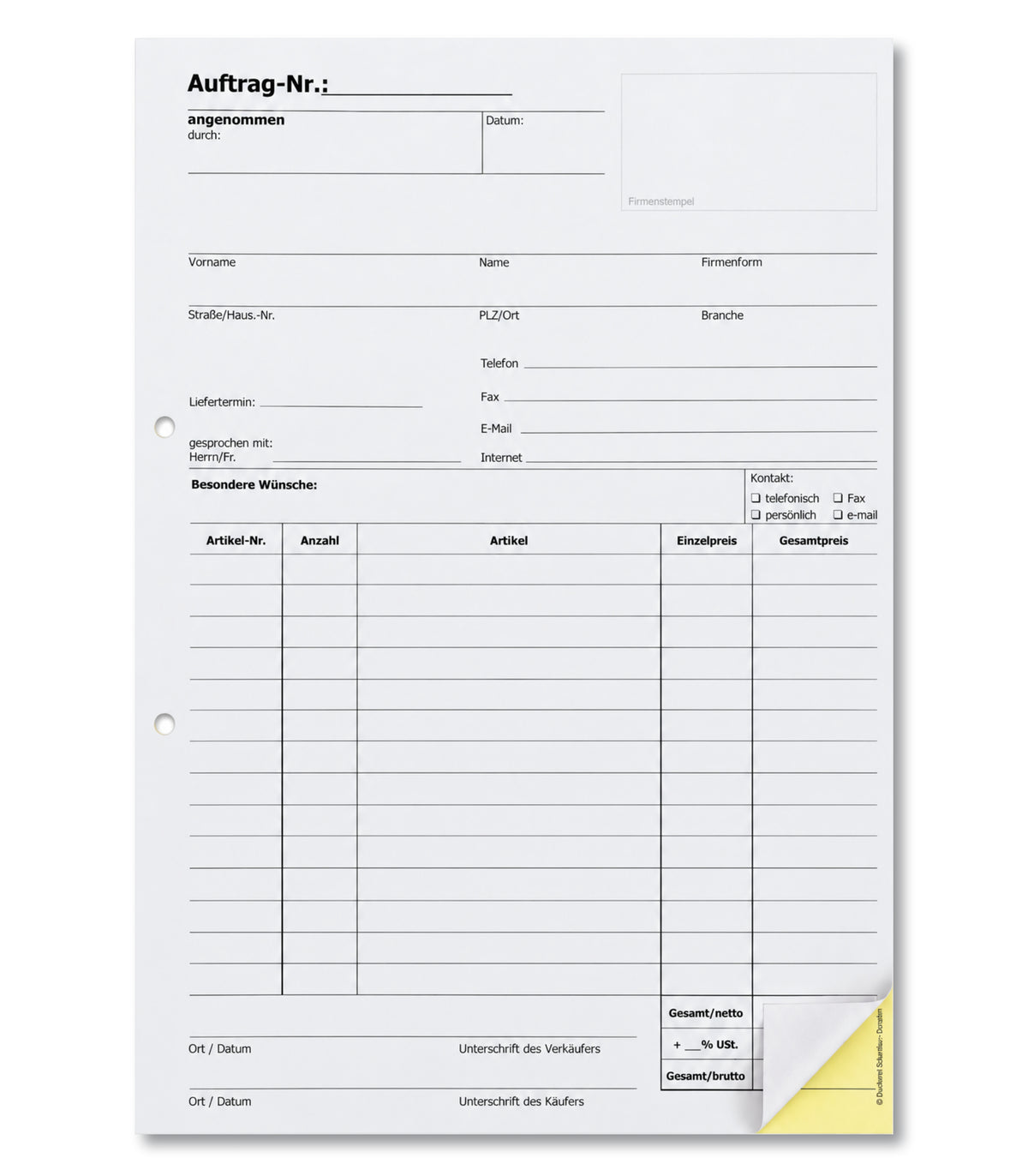 Auftragsblock Block Auftrag DIN A4, 2-fach selbstdurchschreibend, 2x50 Blatt weiß/gelb - gelocht (22204)