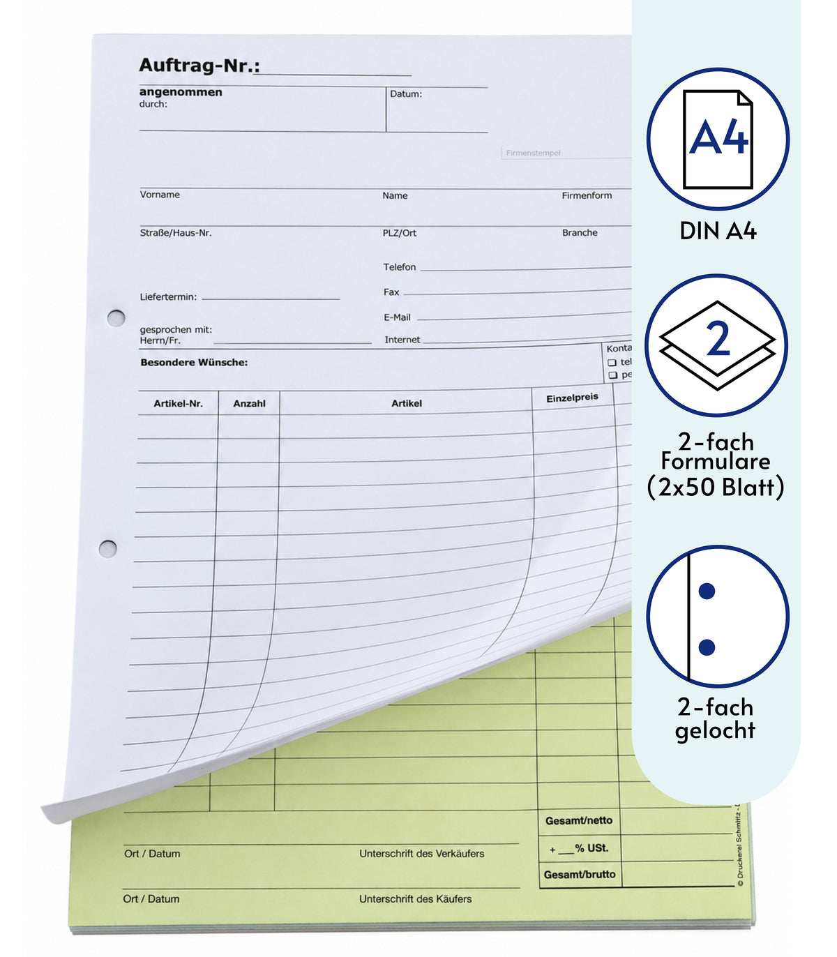 Auftragsblock Block Auftrag DIN A4, 2-fach selbstdurchschreibend, 2x50 Blatt weiß/gelb - gelocht (22204)