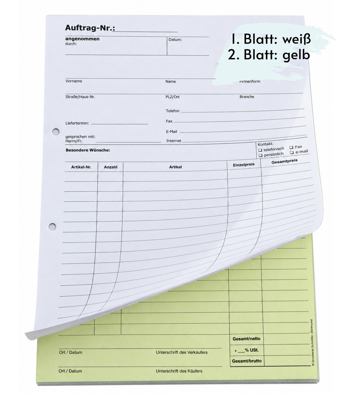 Auftragsblock Block Auftrag DIN A4, 2-fach selbstdurchschreibend, 2x50 Blatt weiß/gelb - gelocht (22204)