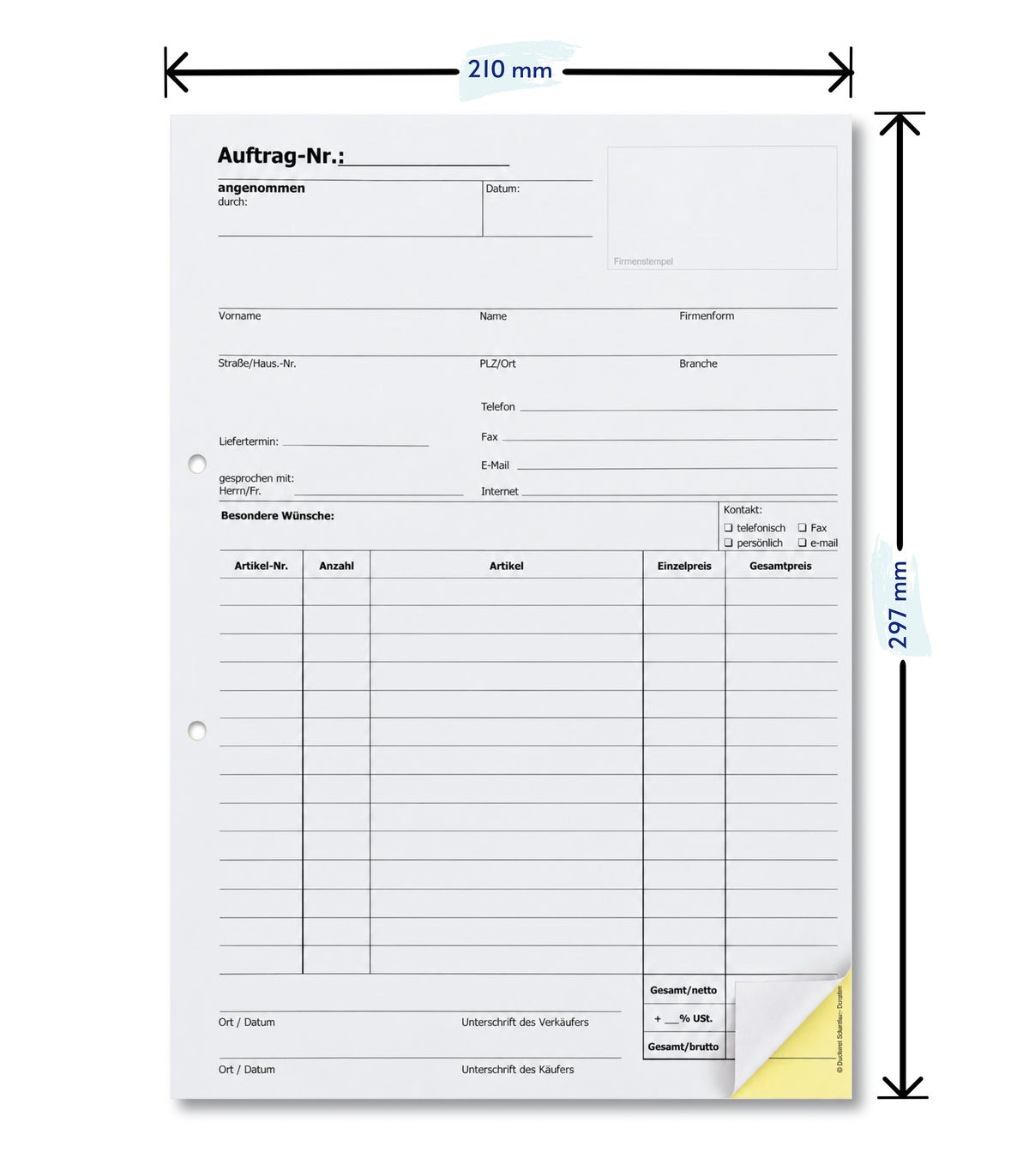 Auftragsblock Block Auftrag DIN A4, 2-fach selbstdurchschreibend, 2x50 Blatt weiß/gelb - gelocht (22204)