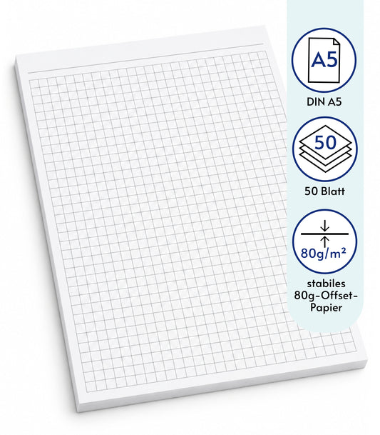 Notizblocks kariert in Grau - Notizen - 50 Blatt, DIN A5, Qualitäts-Offset-Papier 80g/m² (22209)