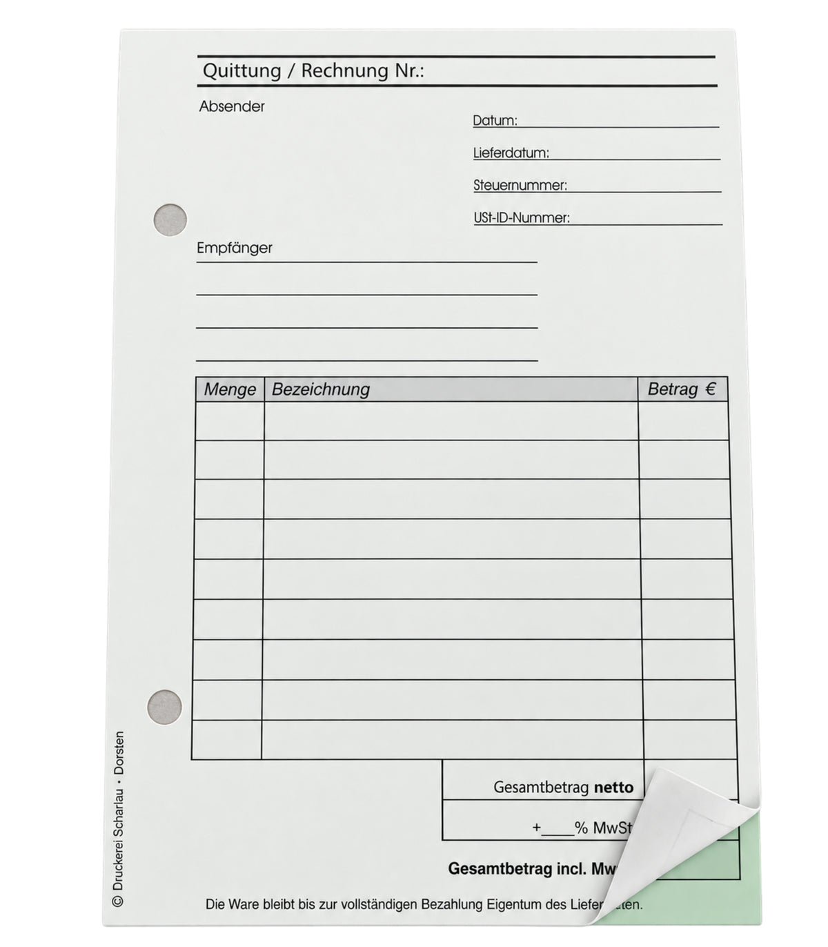 Block Rechnung / Quittung - Quittungsblock - 2 x 50 Blatt DIN A6 hoch - gelocht - SD -durchschreibend (22234)