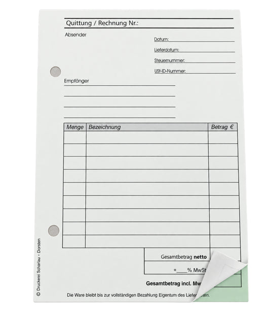 Block Rechnung / Quittung - Quittungsblock - 2 x 50 Blatt DIN A6 hoch - gelocht - SD -durchschreibend (22234)
