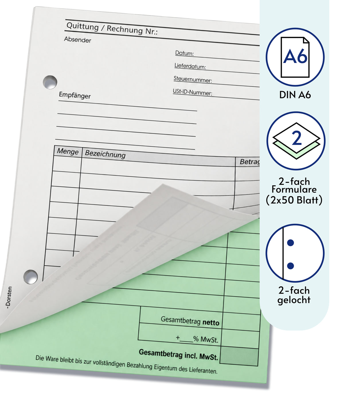 Block Rechnung / Quittung - Quittungsblock - 2 x 50 Blatt DIN A6 hoch - gelocht - SD -durchschreibend (22234)