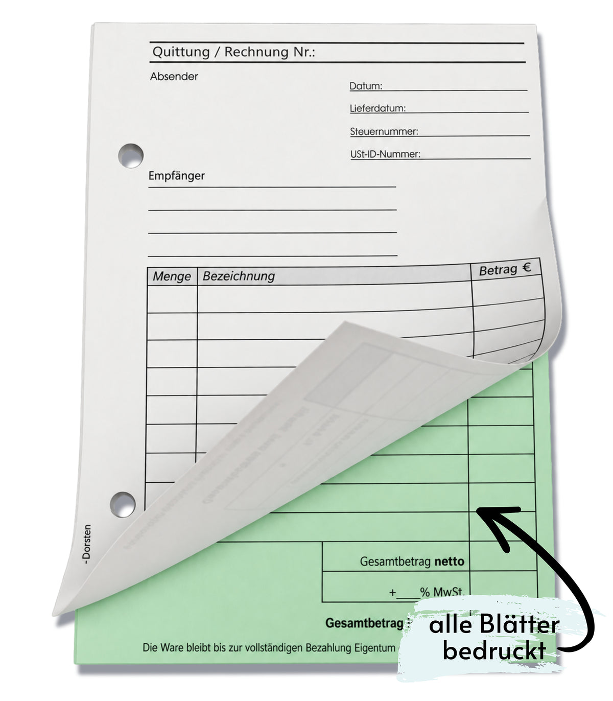 Block Rechnung / Quittung - Quittungsblock - 2 x 50 Blatt DIN A6 hoch - gelocht - SD -durchschreibend (22234)
