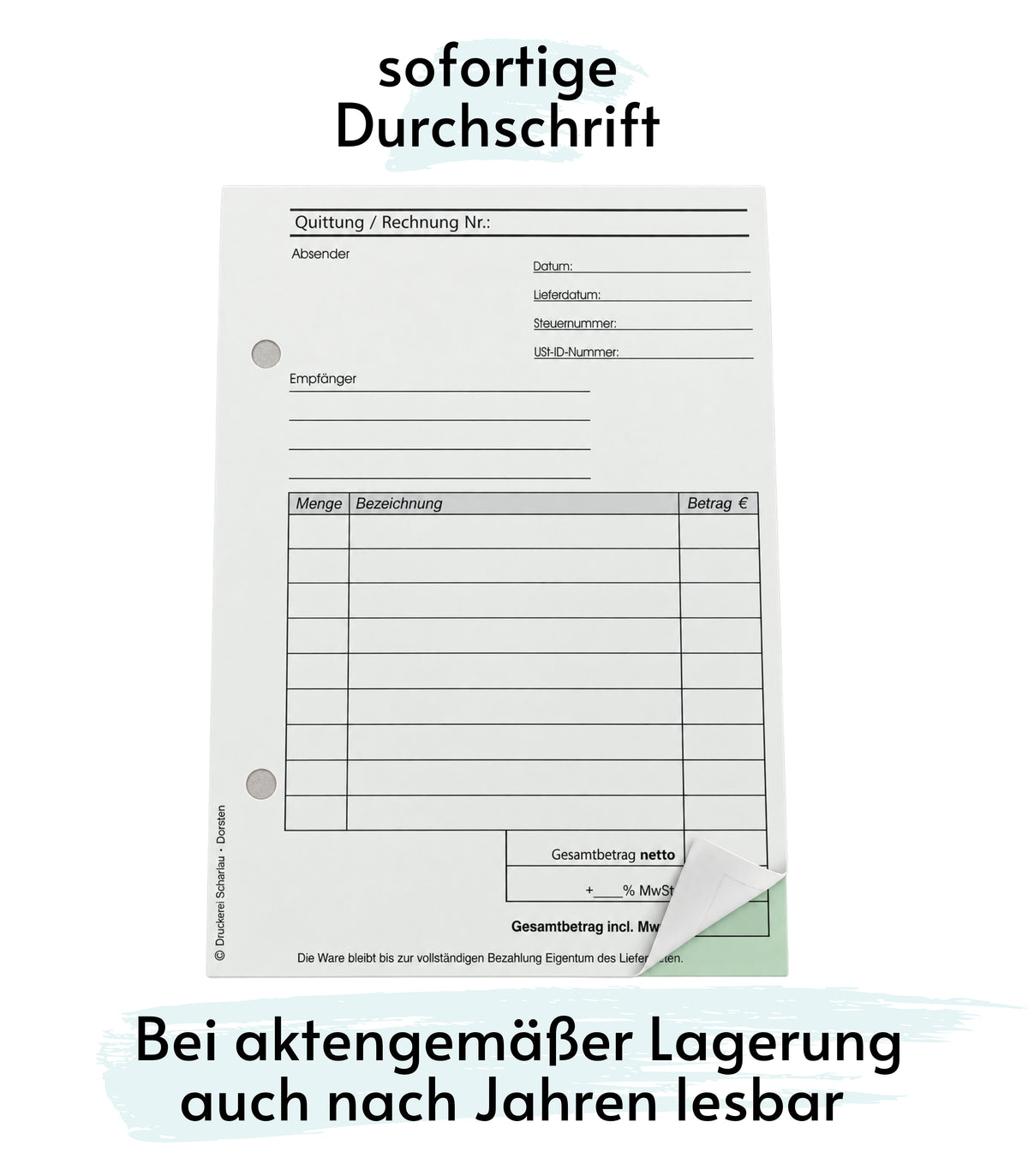 Block Rechnung / Quittung - Quittungsblock - 2 x 50 Blatt DIN A6 hoch - gelocht - SD -durchschreibend (22234)