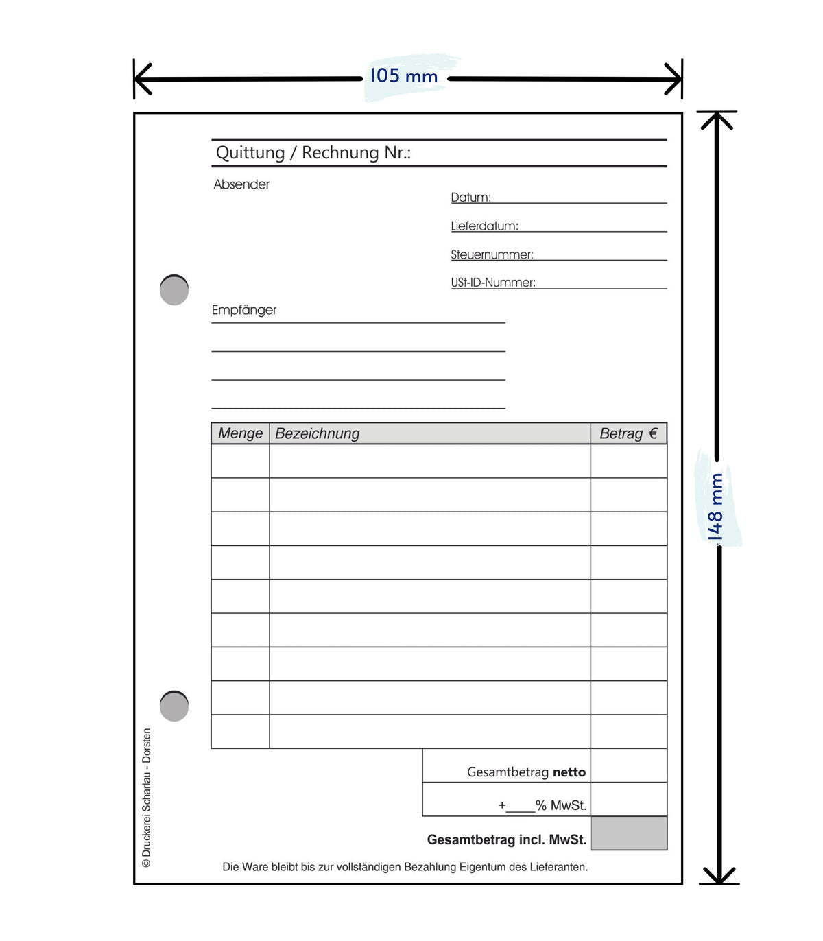 Block Rechnung / Quittung - Quittungsblock - 2 x 50 Blatt DIN A6 hoch - gelocht - SD -durchschreibend (22234)