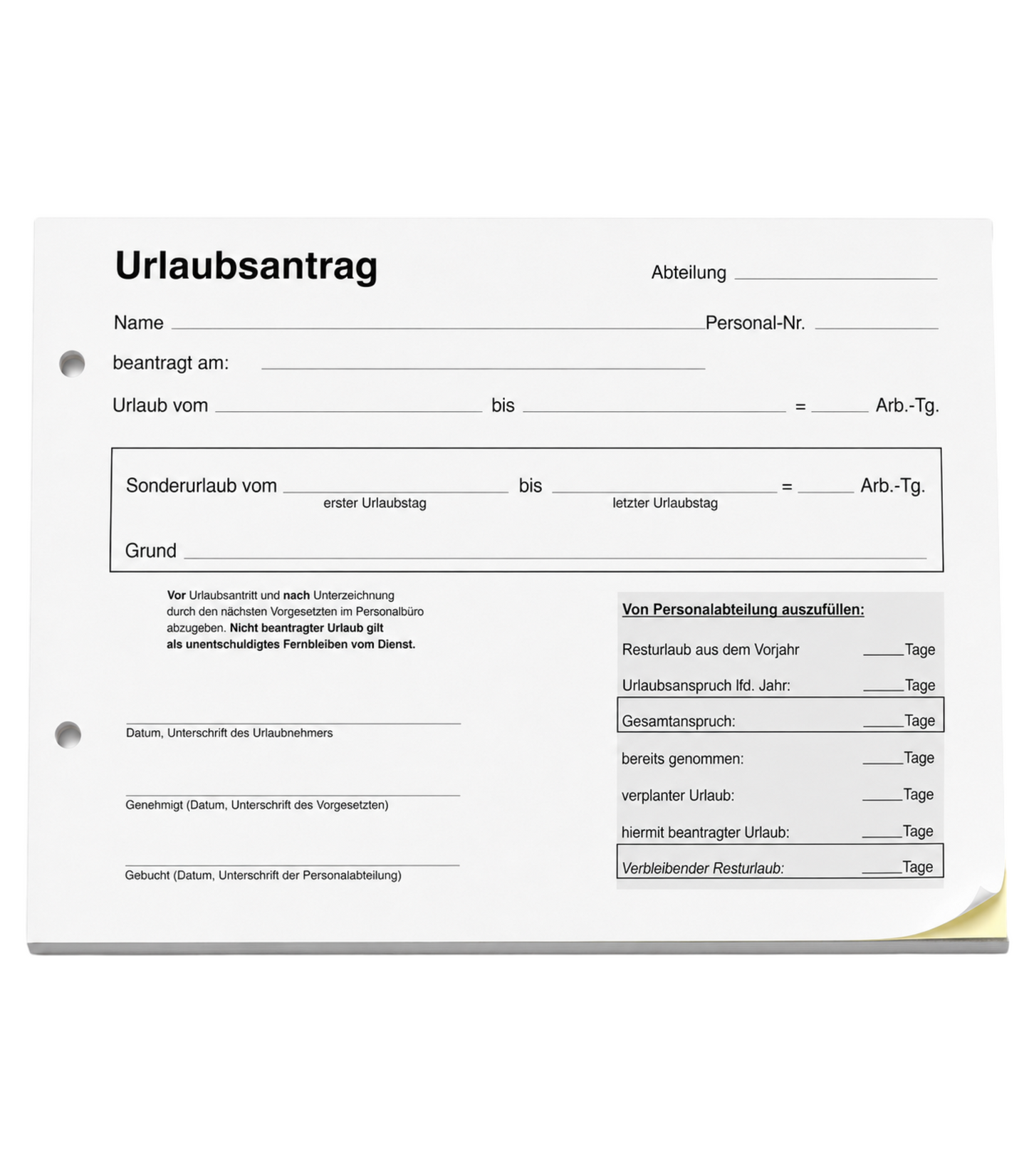 Urlaubsantrag - Blocks Urlaubsantrag - Urlaub - DIN A5 quer - 2-fach - durschschreibend 2x50 Blatt - SD (22267)