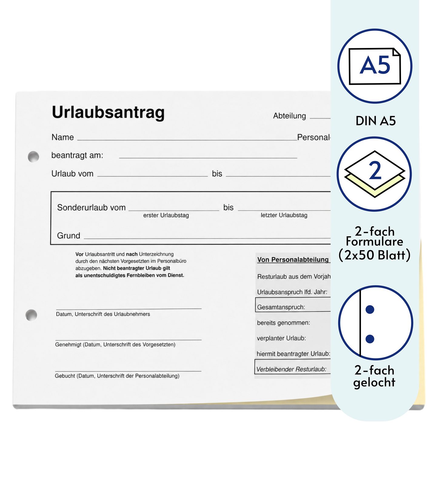 Urlaubsantrag - Blocks Urlaubsantrag - Urlaub - DIN A5 quer - 2-fach - durschschreibend 2x50 Blatt - SD (22267)