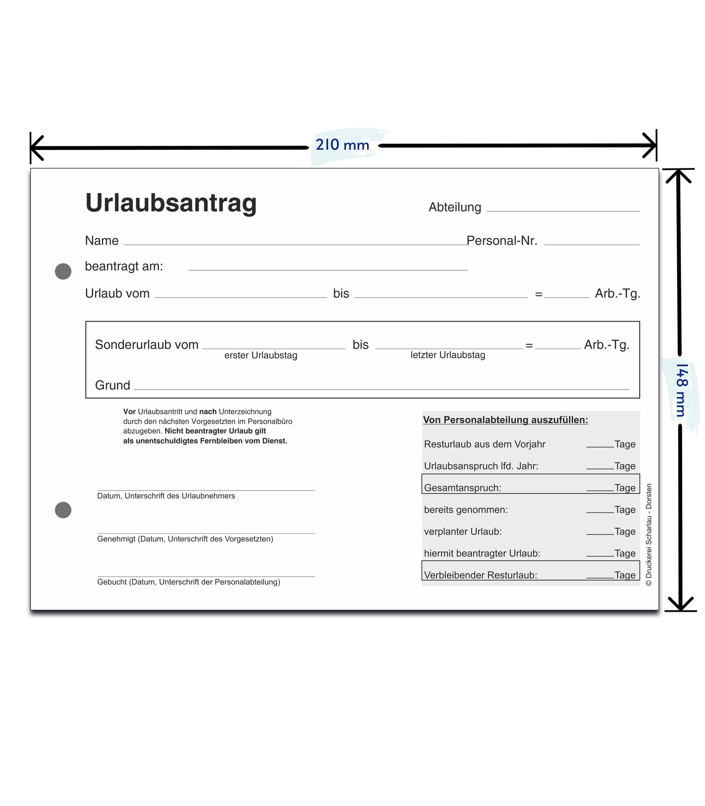 Urlaubsantrag - Blocks Urlaubsantrag - Urlaub - DIN A5 quer - 2-fach - durschschreibend 2x50 Blatt - SD (22267)