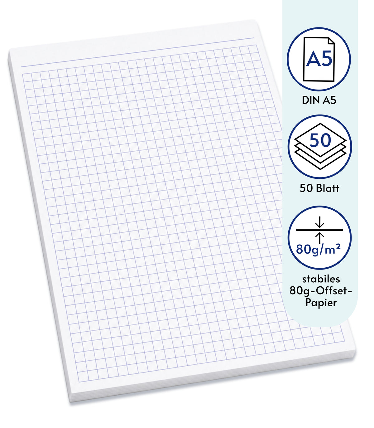 Notizblocks kariert in BLAU - Notizen - 50 Blatt, DIN A5, 50 Blatt, Qualitäts-Offset-Papier 80g/m² (22364)