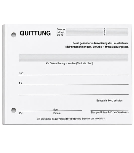 Block Quittung - Quittungsblock für Kleinunternehmer (§19) - 100 Blatt DIN A6 - gelocht - NICHT durchschreibend (22426)