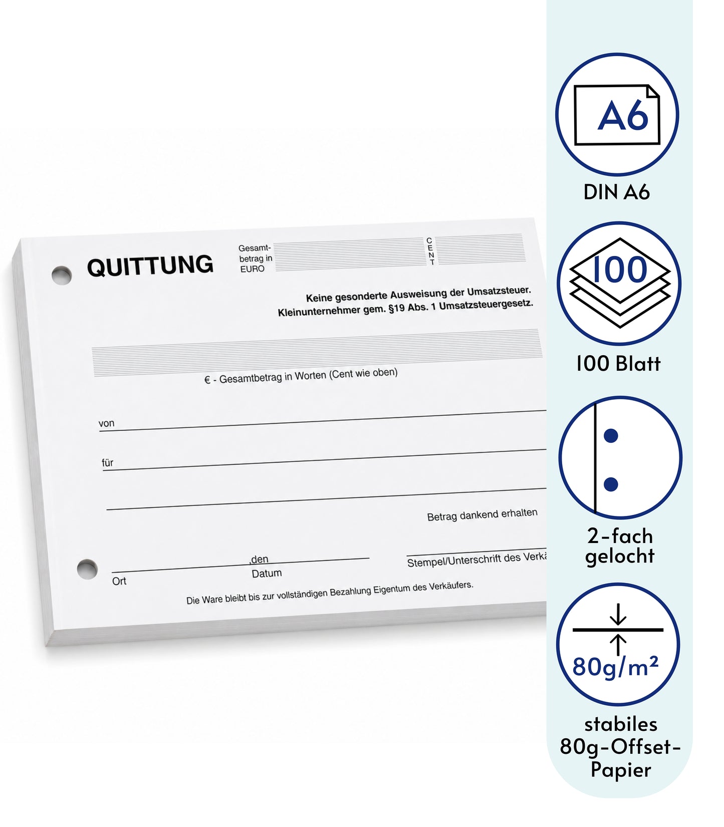 Block Quittung - Quittungsblock für Kleinunternehmer (§19) - 100 Blatt DIN A6 - gelocht - NICHT durchschreibend (22426)
