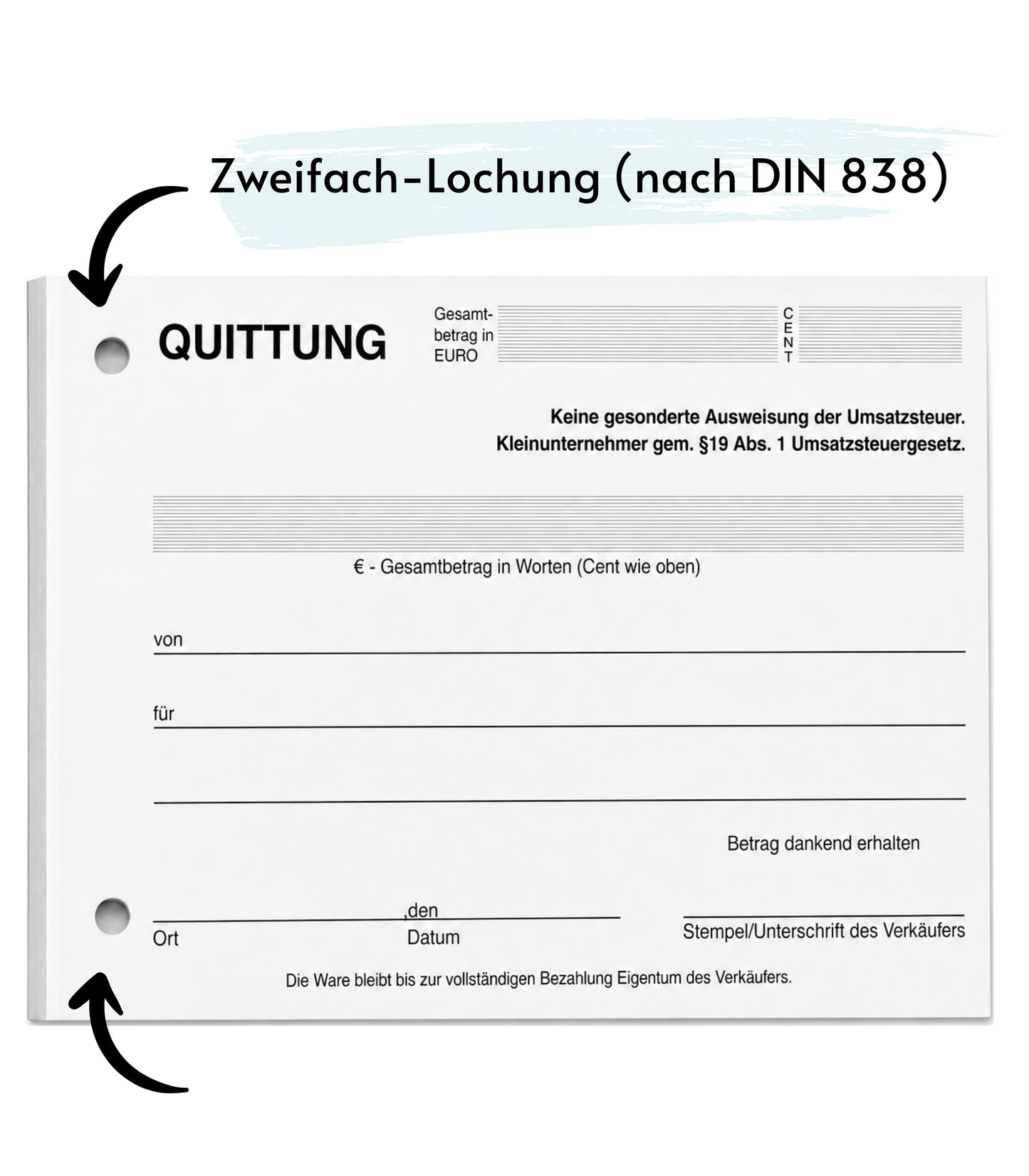 Block Quittung - Quittungsblock für Kleinunternehmer (§19) - 100 Blatt DIN A6 - gelocht - NICHT durchschreibend (22426)