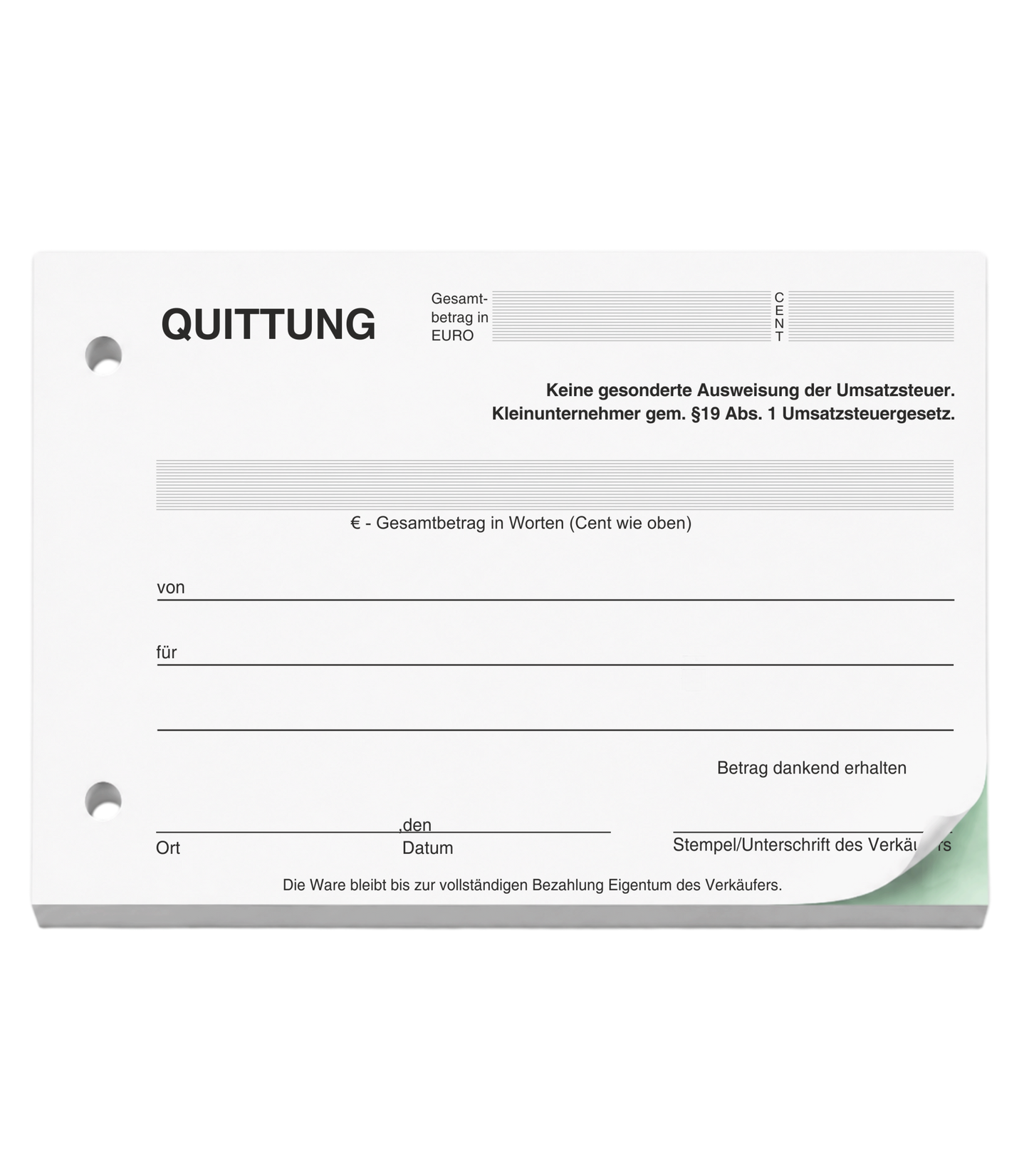 Block Quittung - Quittungsblock für Kleinunternehmer (§19) - 2 x 50 Blatt DIN A6 - gelocht - SD -durchschreibend (22427)