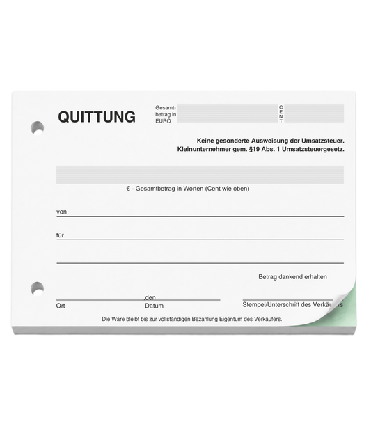 Block Quittung - Quittungsblock für Kleinunternehmer (§19) - 2 x 50 Blatt DIN A6 - gelocht - SD -durchschreibend (22427)