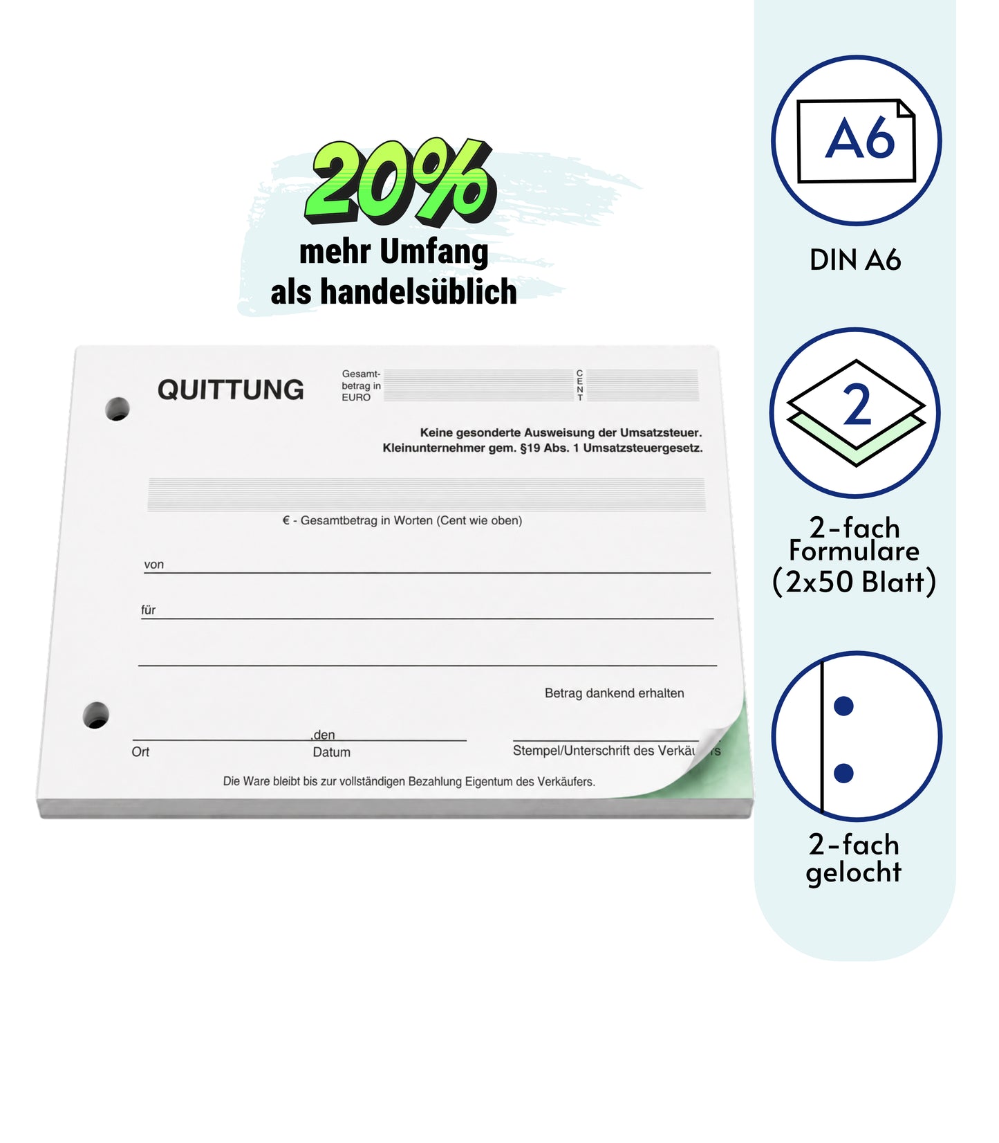 Block Quittung - Quittungsblock für Kleinunternehmer (§19) - 2 x 50 Blatt DIN A6 - gelocht - SD -durchschreibend (22427)
