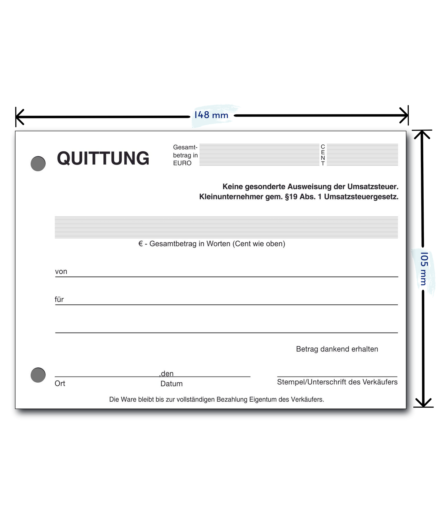 Block Quittung - Quittungsblock für Kleinunternehmer (§19) - 2 x 50 Blatt DIN A6 - gelocht - SD -durchschreibend (22427)