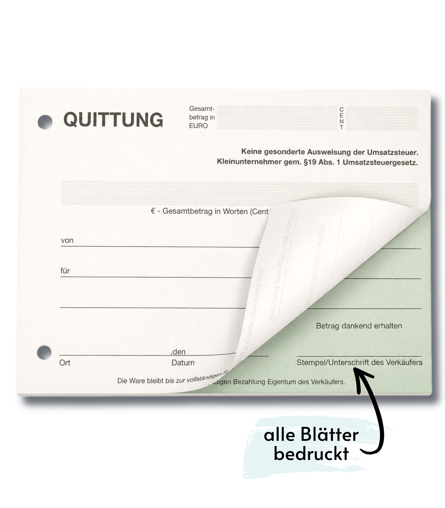 Block Quittung - Quittungsblock für Kleinunternehmer (§19) - 2 x 50 Blatt DIN A6 - gelocht - SD -durchschreibend (22427)
