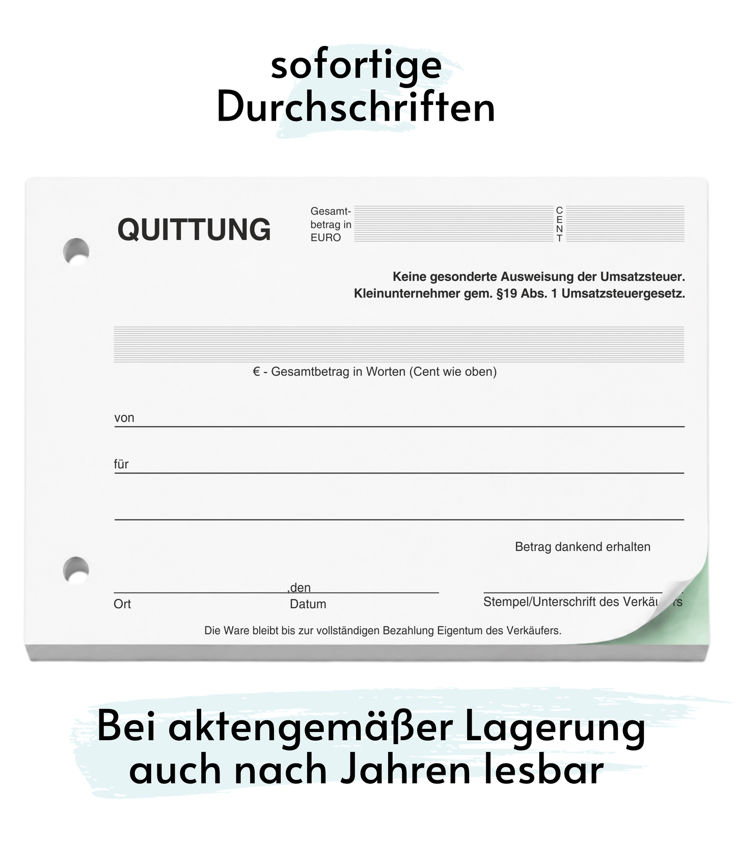 Block Quittung - Quittungsblock für Kleinunternehmer (§19) - 2 x 50 Blatt DIN A6 - gelocht - SD -durchschreibend (22427)