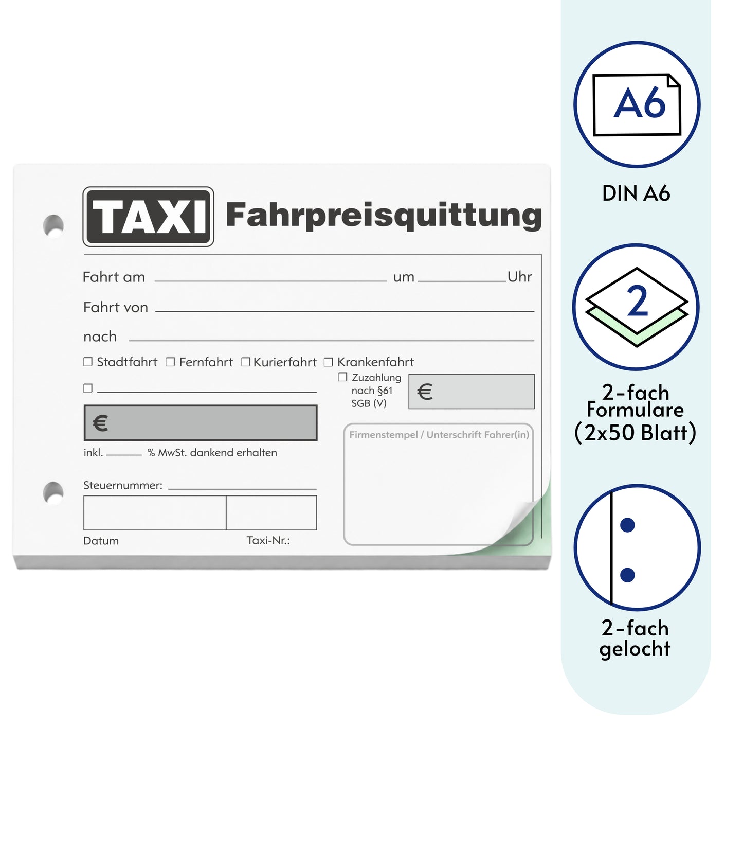 Taxiquittung - Taxi-Fahrpreisquittung als Block - 2 x 50 Blatt DIN A6 - gelocht - SD -durchschreibend (22428)