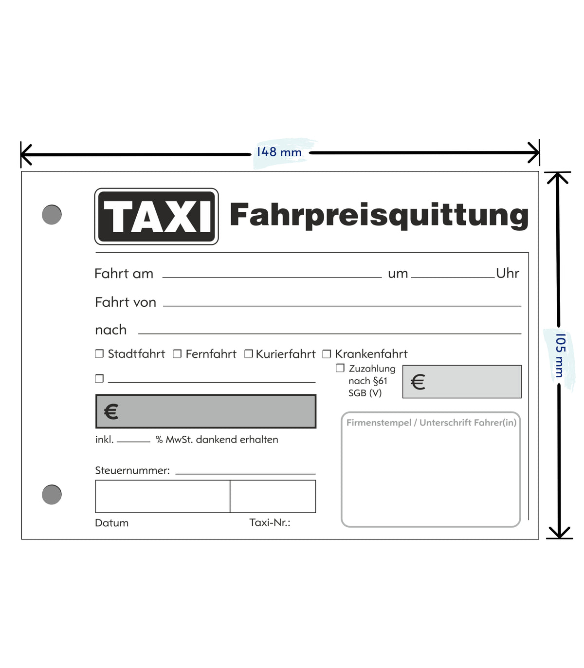 Taxiquittung - Taxi-Fahrpreisquittung als Block - 2 x 50 Blatt DIN A6 - gelocht - SD -durchschreibend (22428)