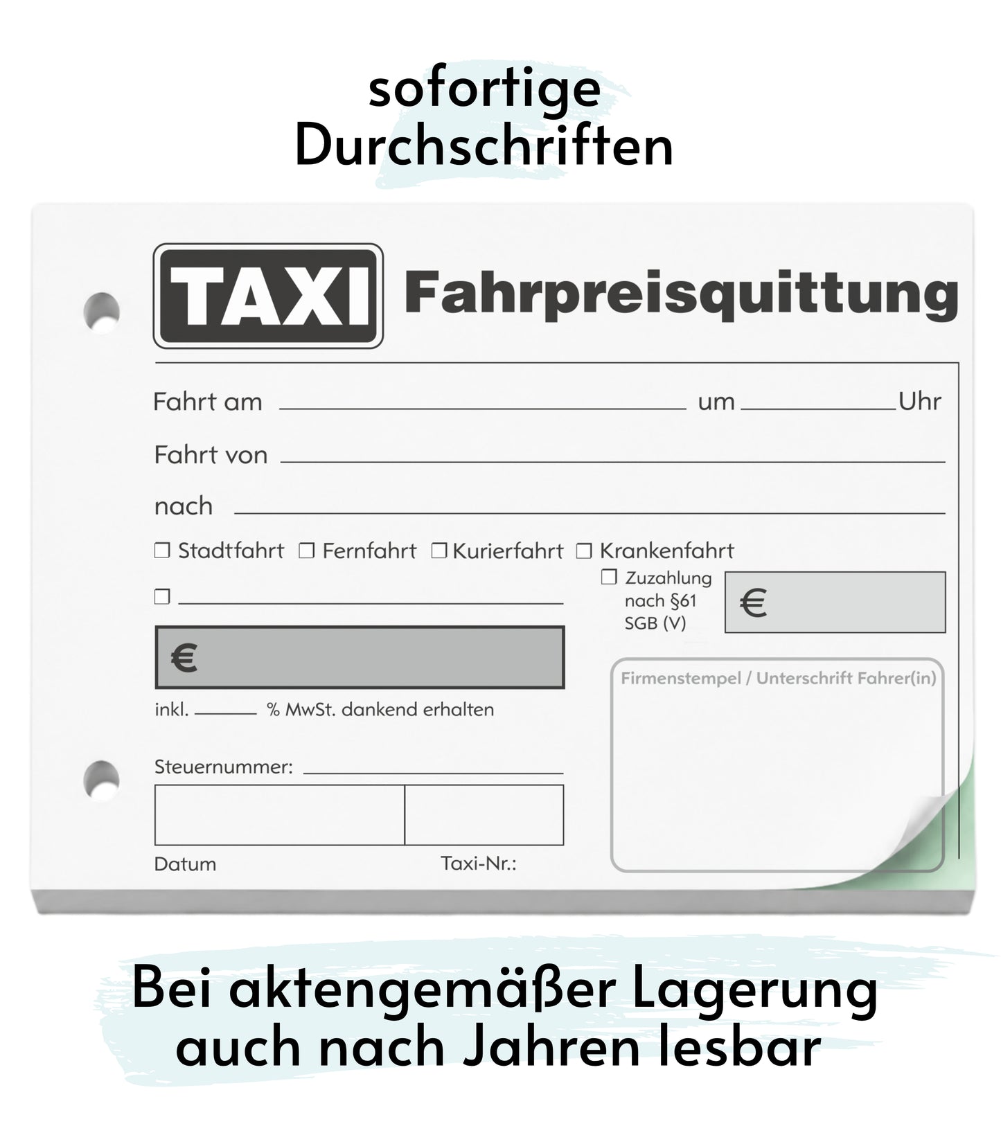 Taxiquittung - Taxi-Fahrpreisquittung als Block - 2 x 50 Blatt DIN A6 - gelocht - SD -durchschreibend (22428)