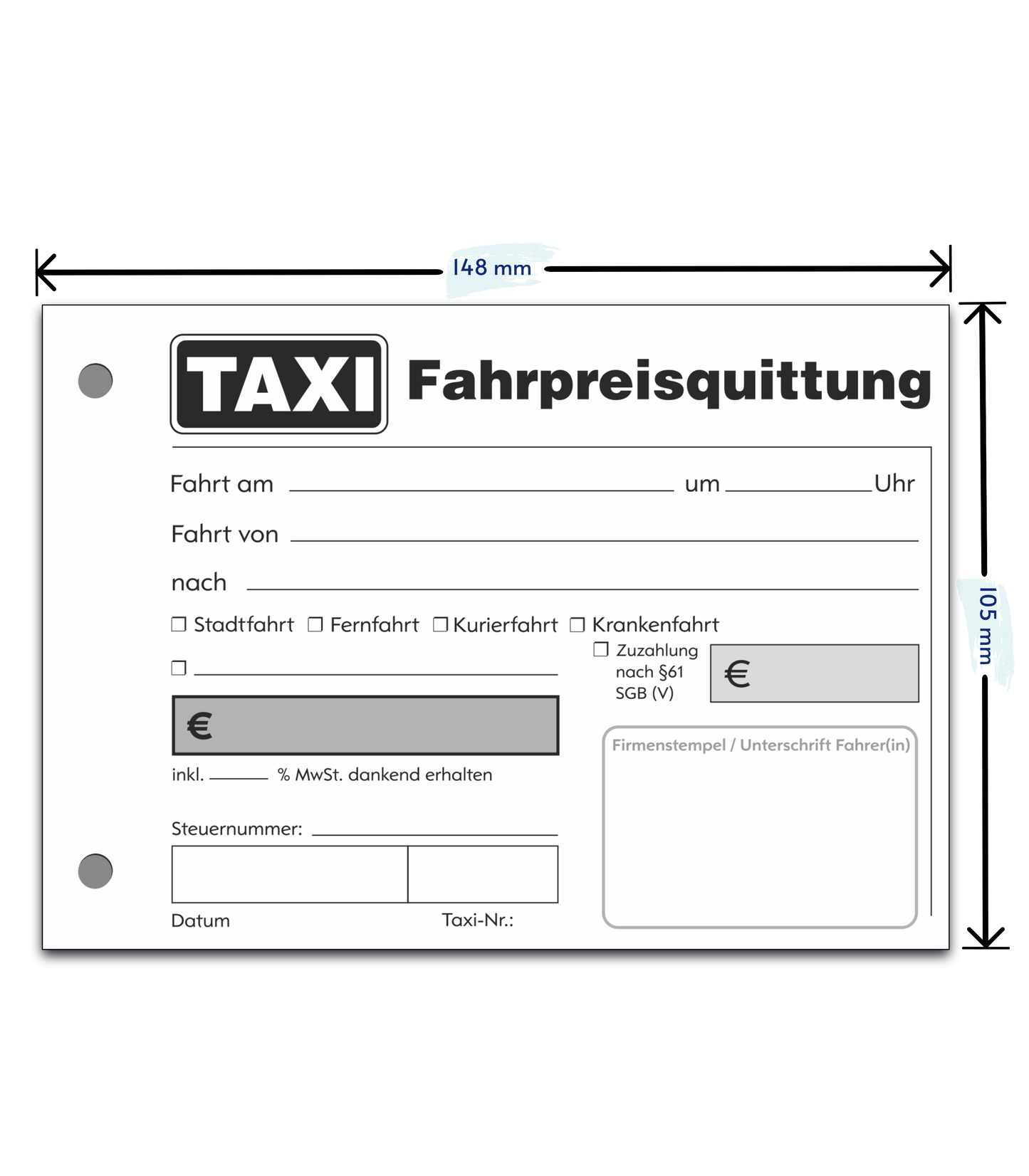 Taxiquittung - Taxi-Fahrpreisquittung als Block - 100 Blatt DIN A6 - gelocht (22429)