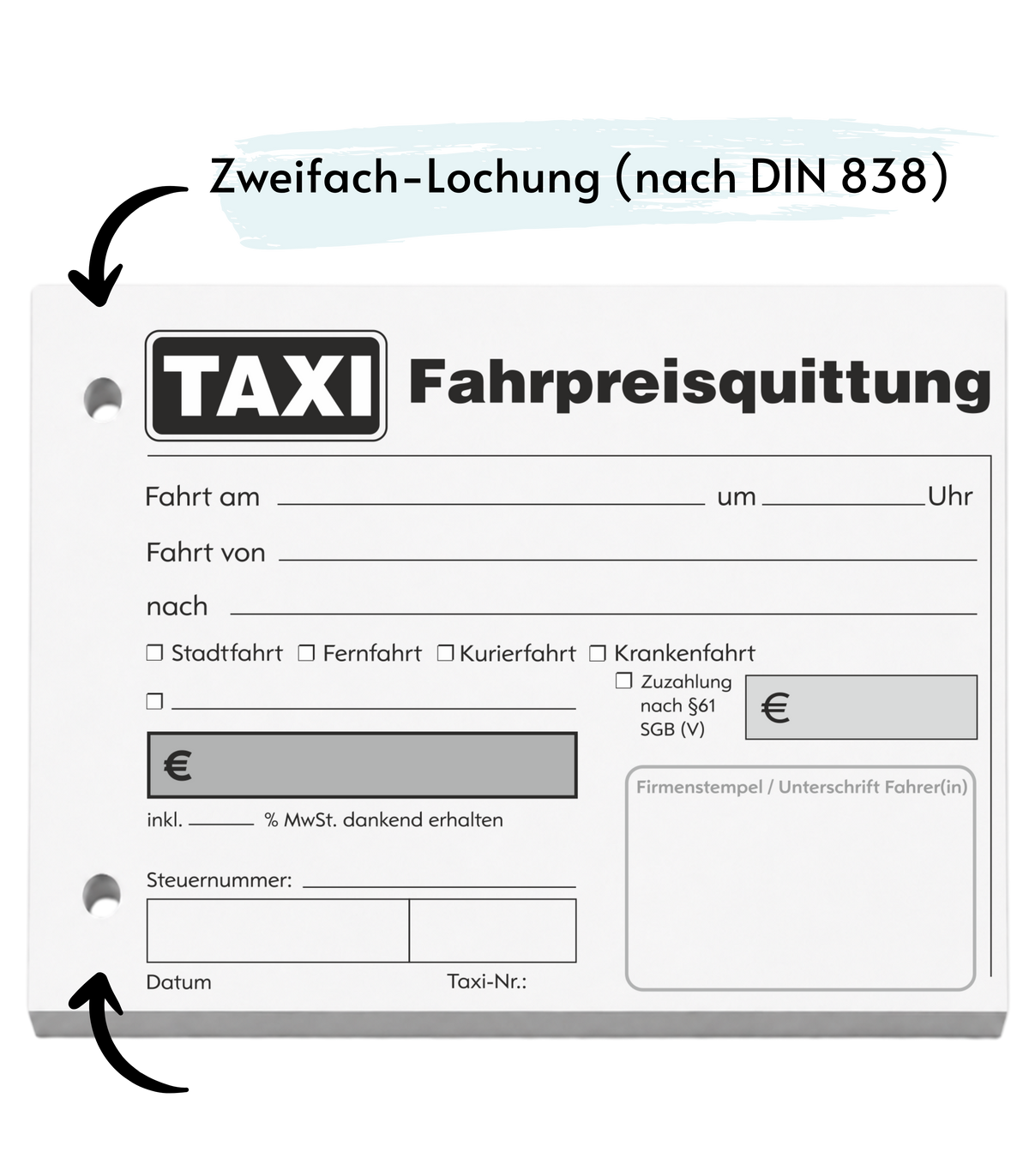 Taxiquittung - Taxi-Fahrpreisquittung als Block - 100 Blatt DIN A6 - gelocht (22429)