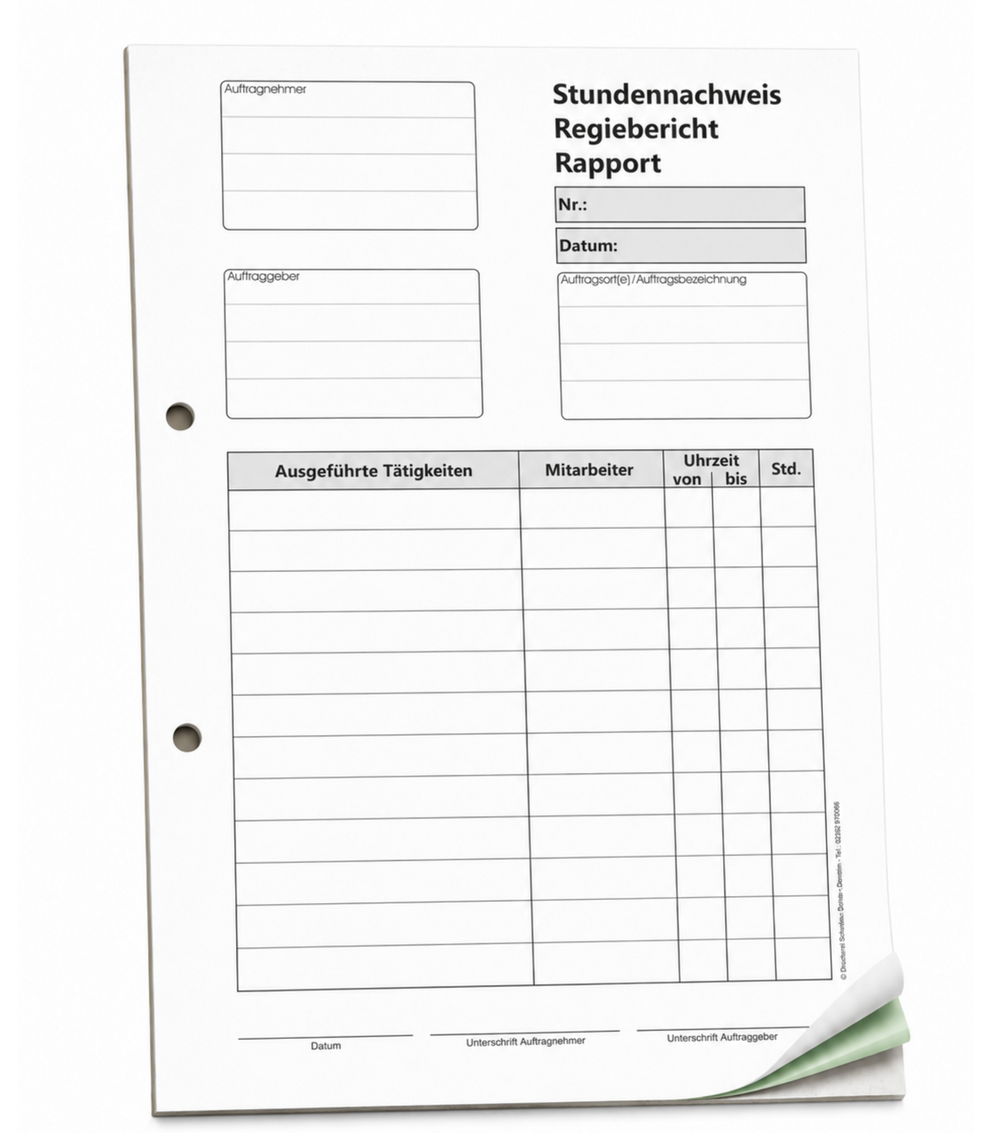 Block Stundennachweis-Regiebericht - Rapport DIN A5, 2-fach selbstdurchschreibend,2x50 Blatt weiß/grün - gelocht (22432)