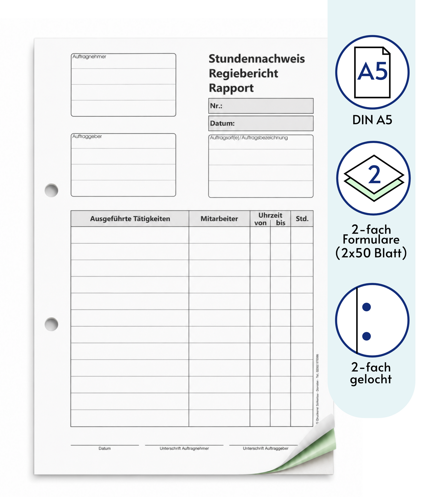 Block Stundennachweis-Regiebericht - Rapport DIN A5, 2-fach selbstdurchschreibend,2x50 Blatt weiß/grün - gelocht (22432)