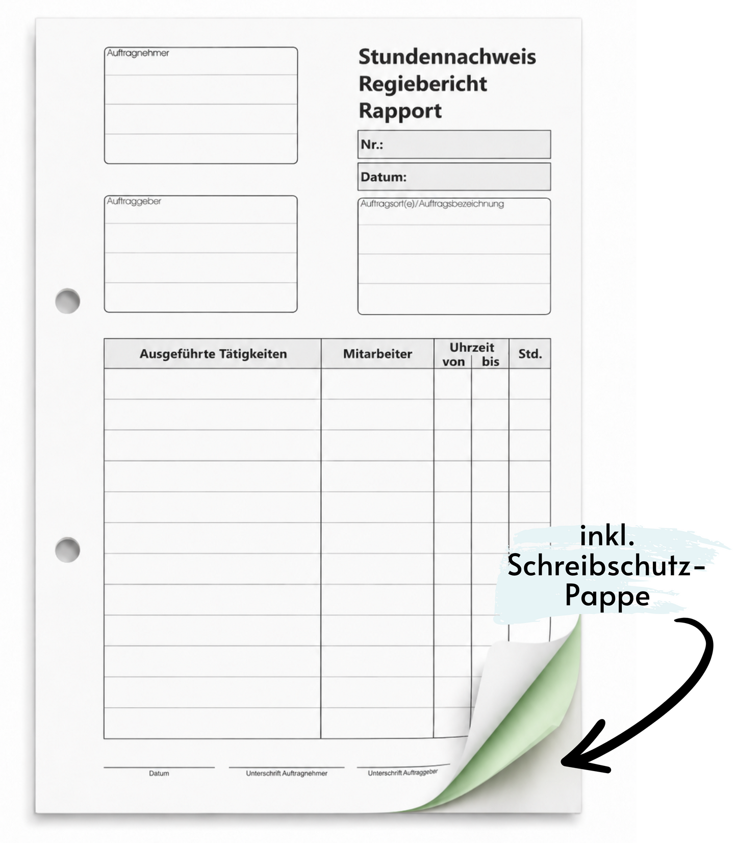 Block Stundennachweis-Regiebericht - Rapport DIN A5, 2-fach selbstdurchschreibend,2x50 Blatt weiß/grün - gelocht (22432)