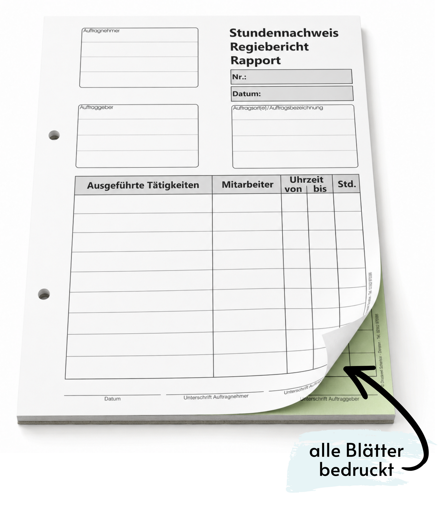 Block Stundennachweis-Regiebericht - Rapport DIN A5, 2-fach selbstdurchschreibend,2x50 Blatt weiß/grün - gelocht (22432)