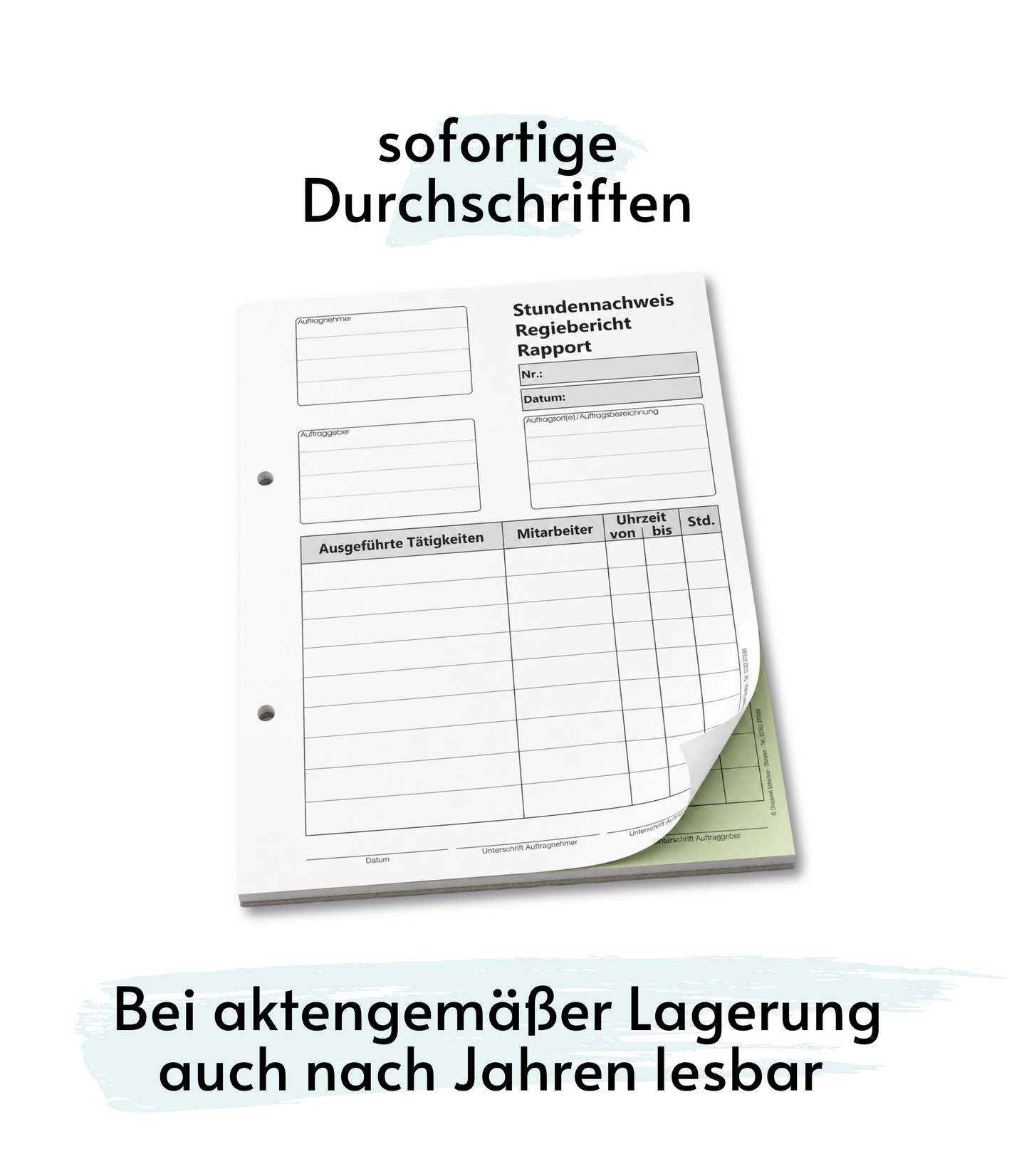 Block Stundennachweis-Regiebericht - Rapport DIN A5, 2-fach selbstdurchschreibend,2x50 Blatt weiß/grün - gelocht (22432)