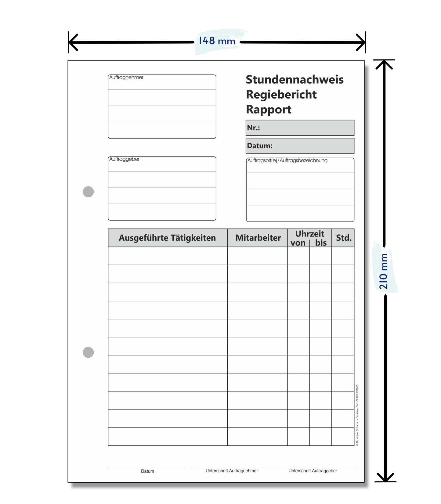 Block Stundennachweis-Regiebericht - Rapport DIN A5, 2-fach selbstdurchschreibend,2x50 Blatt weiß/grün - gelocht (22432)
