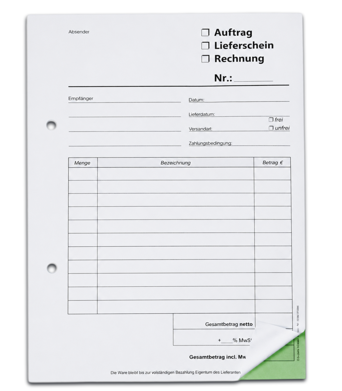 Kombiformular-Auftrag - Lieferschein - Rechnung DIN A5, 2-fach selbstdurchschreibend,2x50 Blatt weiß/grün - gelocht (22433)