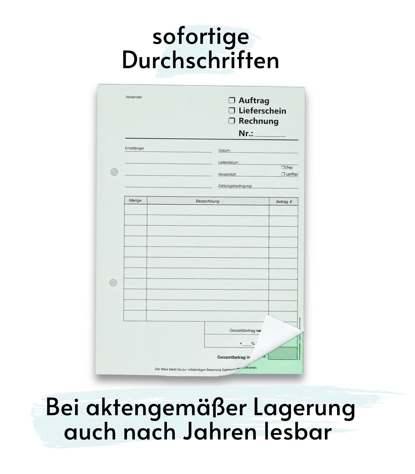 Kombiformular-Auftrag - Lieferschein - Rechnung DIN A5, 2-fach selbstdurchschreibend,2x50 Blatt weiß/grün - gelocht (22433)