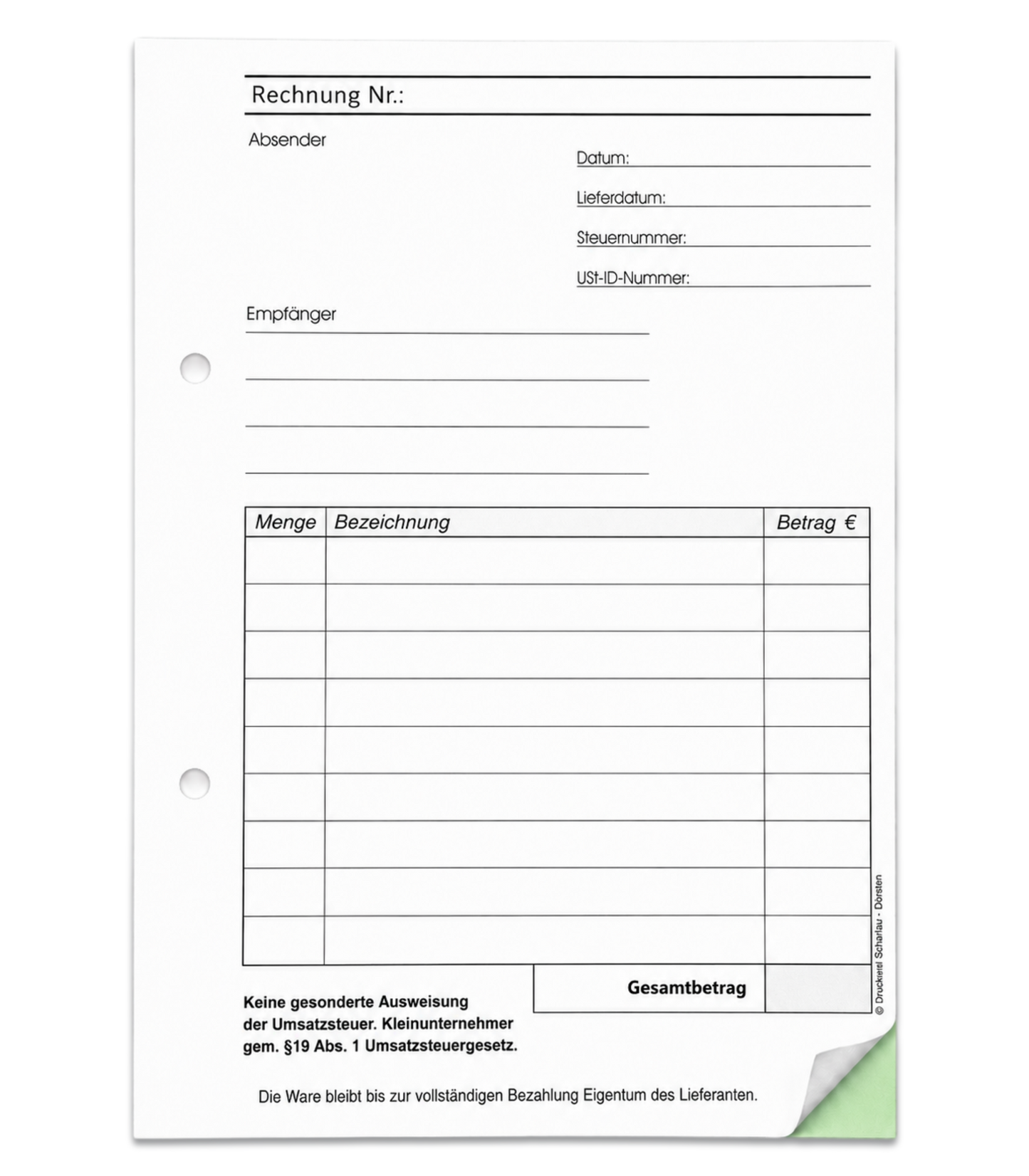 Rechnungsblock Block Rechnung Kleinunternehmer nach § 19 DIN A5, 2-fach selbstdurchschreibend 2x50 Blatt - gelocht (22435)