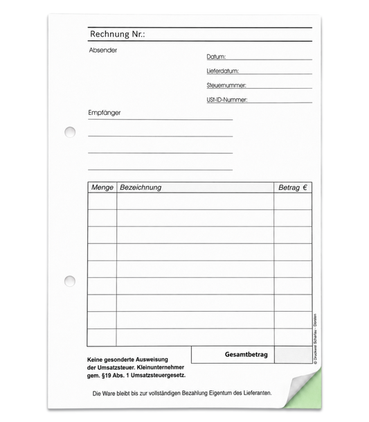 Rechnungsblock Block Rechnung Kleinunternehmer nach § 19 DIN A5, 2-fach selbstdurchschreibend 2x50 Blatt - gelocht (22435)