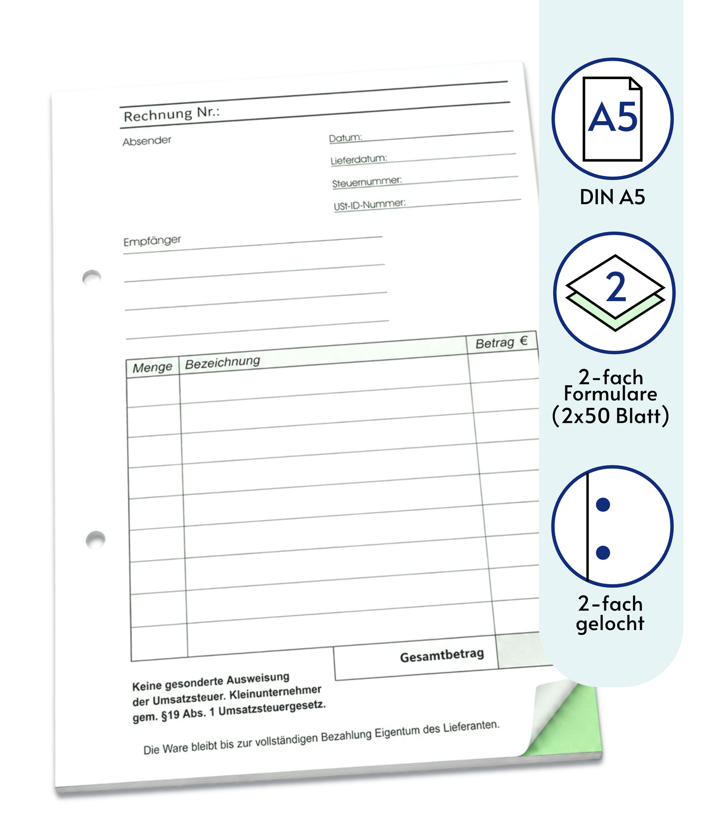 Rechnungsblock Block Rechnung Kleinunternehmer nach § 19 DIN A5, 2-fach selbstdurchschreibend 2x50 Blatt - gelocht (22435)