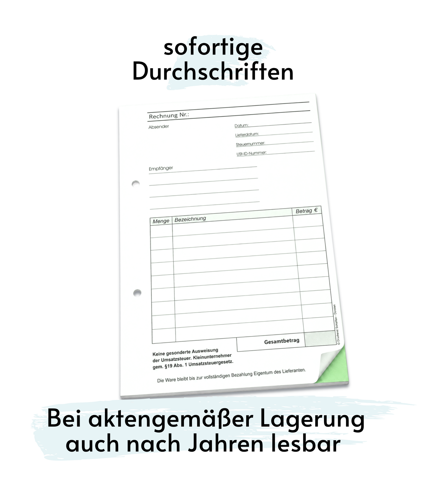 Rechnungsblock Block Rechnung Kleinunternehmer nach § 19 DIN A5, 2-fach selbstdurchschreibend 2x50 Blatt - gelocht (22435)